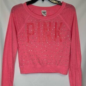 VS PINK Rhinestone Logo Long Sleeve Crop Top Pink Sparkle Pullover XS